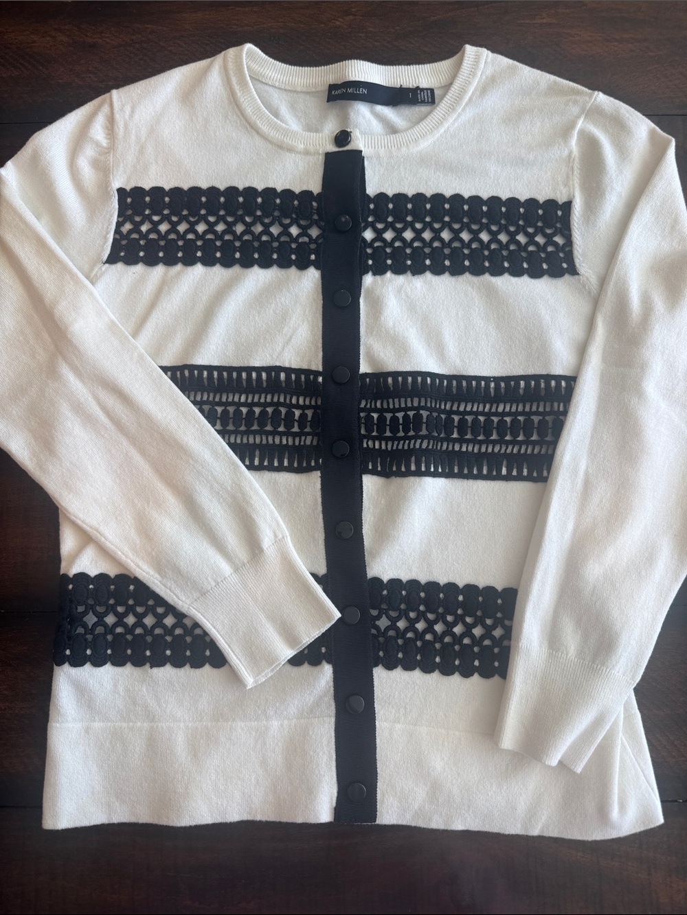KAREN MILLEN White Cardigan with Black Lace Detail